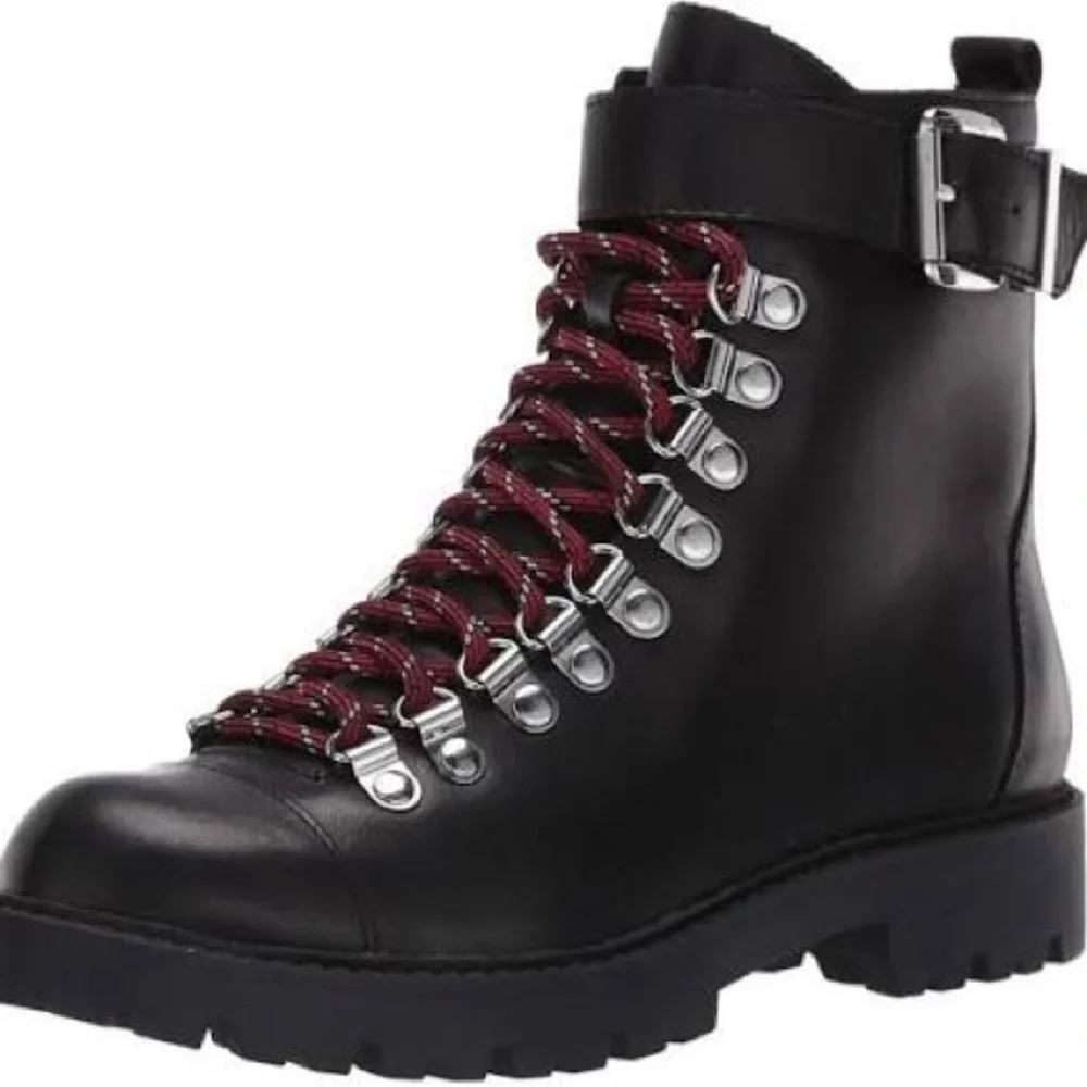 Charles David Black Leather Combat Boots with Burgundy Laces - Picture 2 of 2
